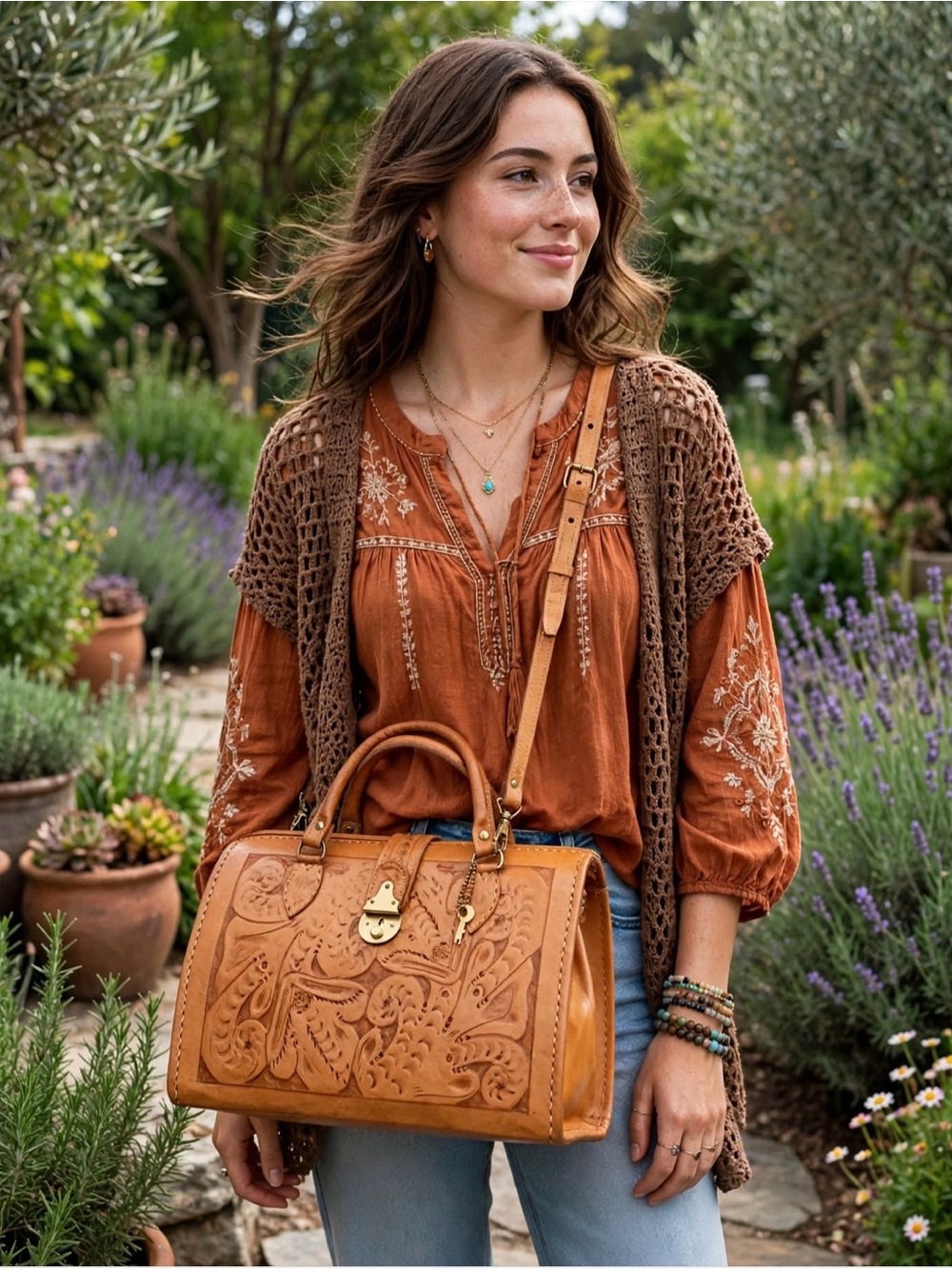 Vintage Hand-Tooled Leather Satchel Bag Large Style Country Western